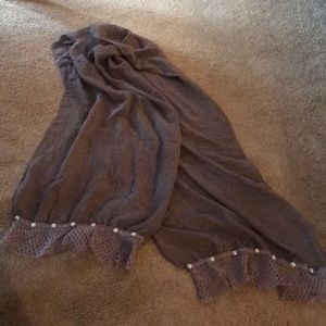 Taupe scarf with crochet/pearl accent fringe